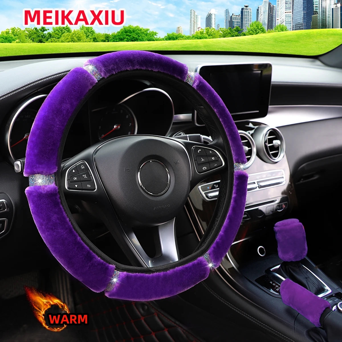 Winter Plush Shiny Leather Car Steering Wheel Cover Rimless Handbrake Cover Gearshift Cover - Car Decoration Accessories