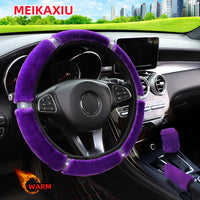 Winter Plush Shiny Leather Car Steering Wheel Cover Rimless Handbrake Cover Gearshift Cover - Car Decoration Accessories